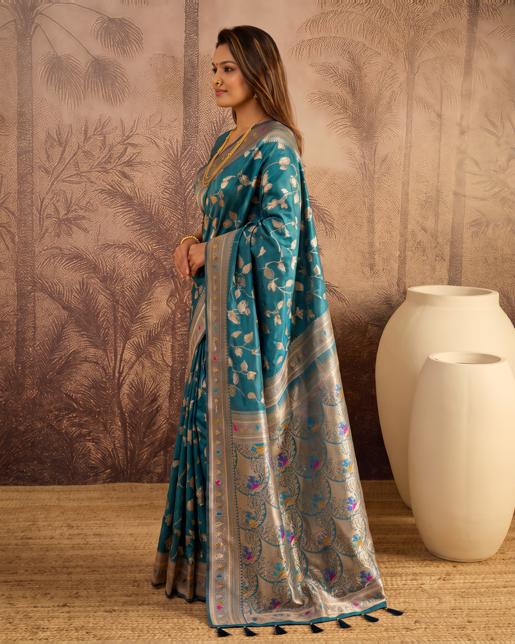 Yamini Floral Spray Zari Silk Saree with Tasselled Pallu - Air Force - side