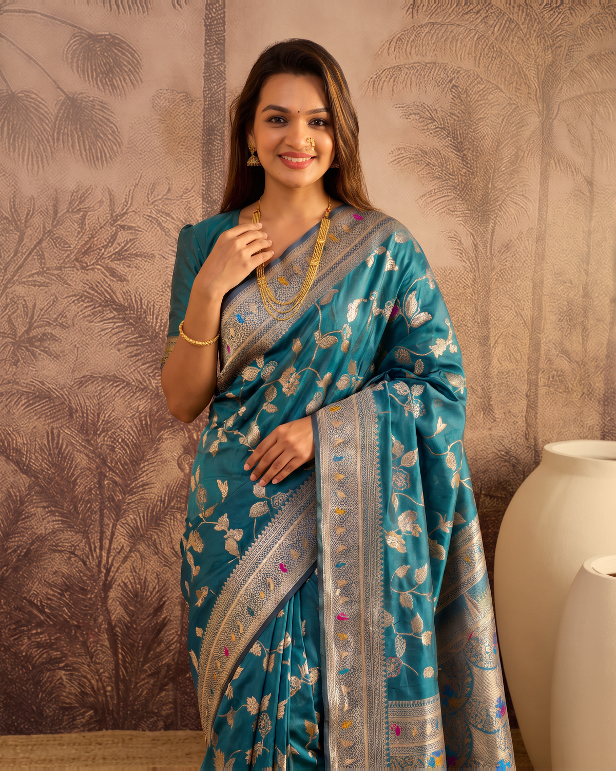 Yamini Floral Spray Zari Silk Saree with Tasselled Pallu - Air Force - upper closeup