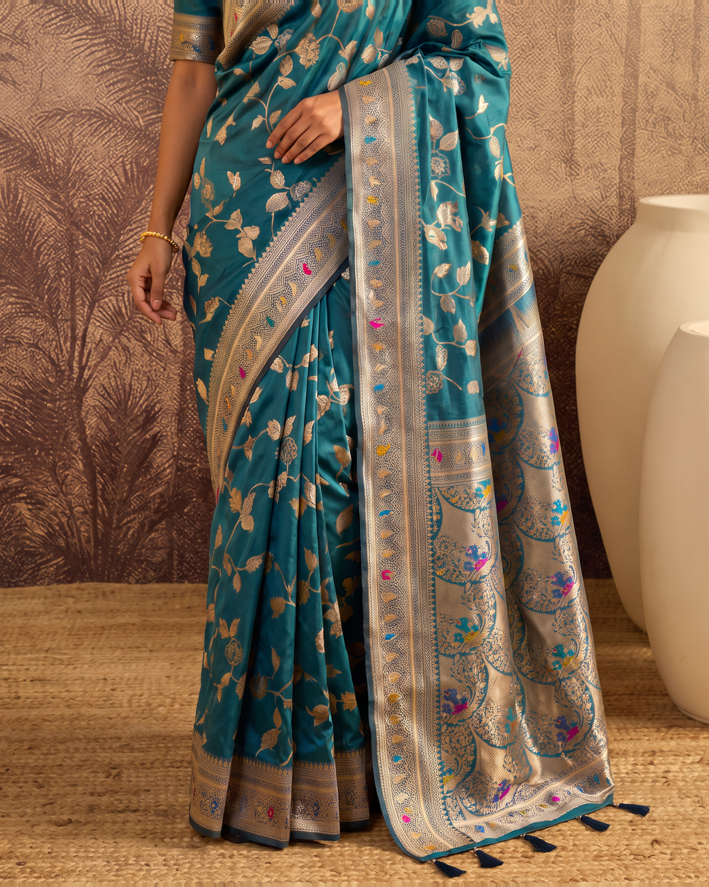 Yamini Floral Spray Zari Silk Saree with Tasselled Pallu - Air Force - lower closeup