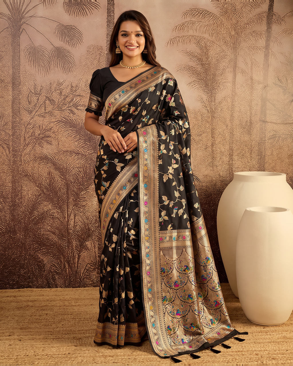 Yamini Floral Spray Zari Silk Saree with Tasselled Pallu - Black - full saree hero