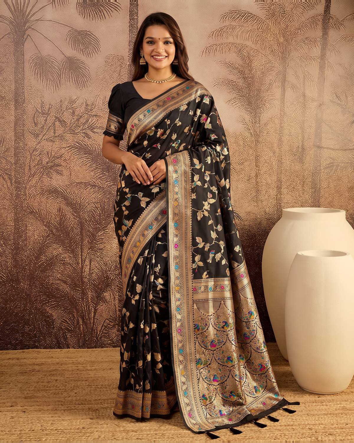 Yamini Floral Spray Zari Silk Saree with Tasselled Pallu - Black - full saree hero