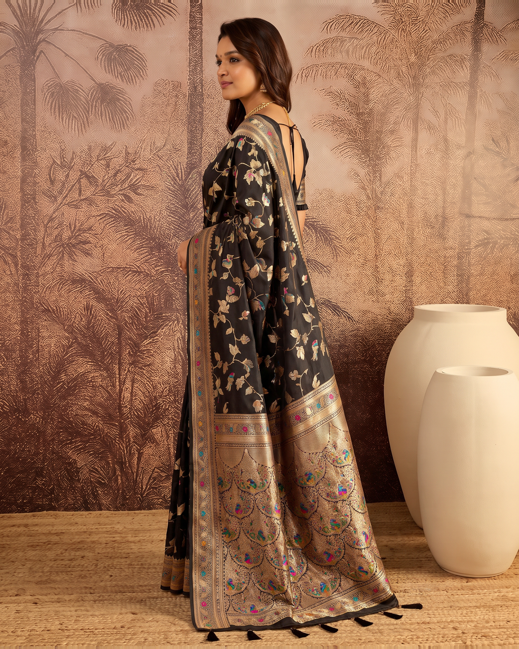 Yamini Floral Spray Zari Silk Saree with Tasselled Pallu - Black - side