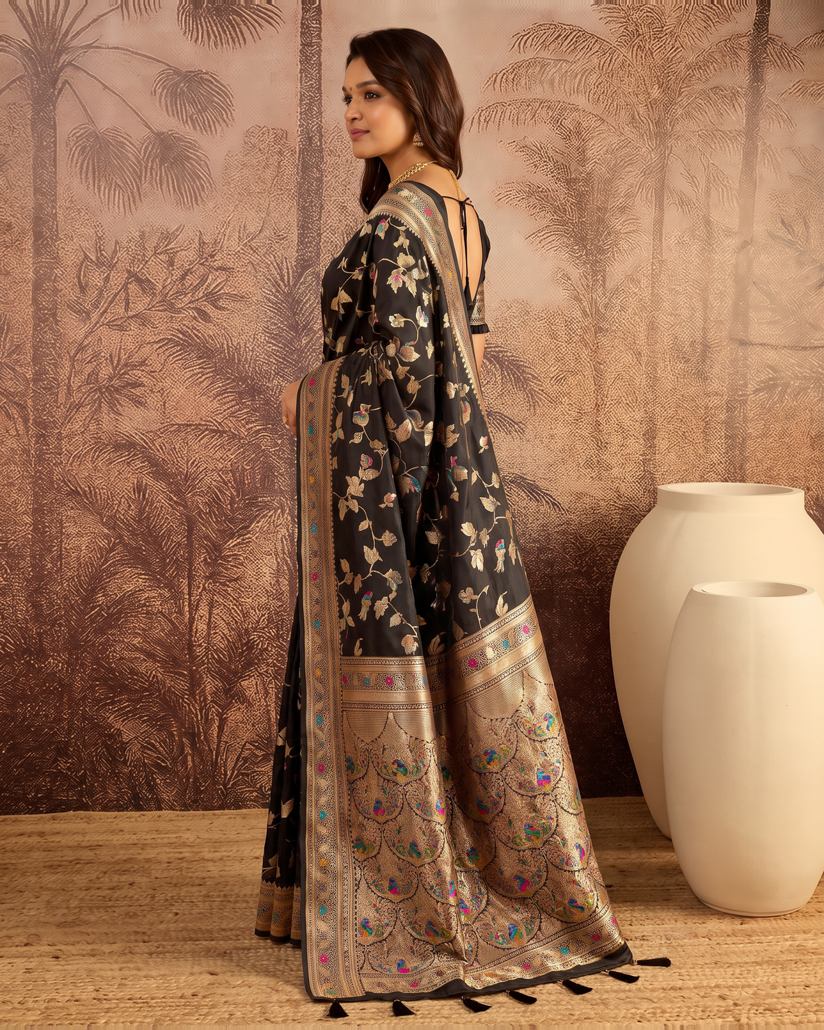 Yamini Floral Spray Zari Silk Saree with Tasselled Pallu - Black - side