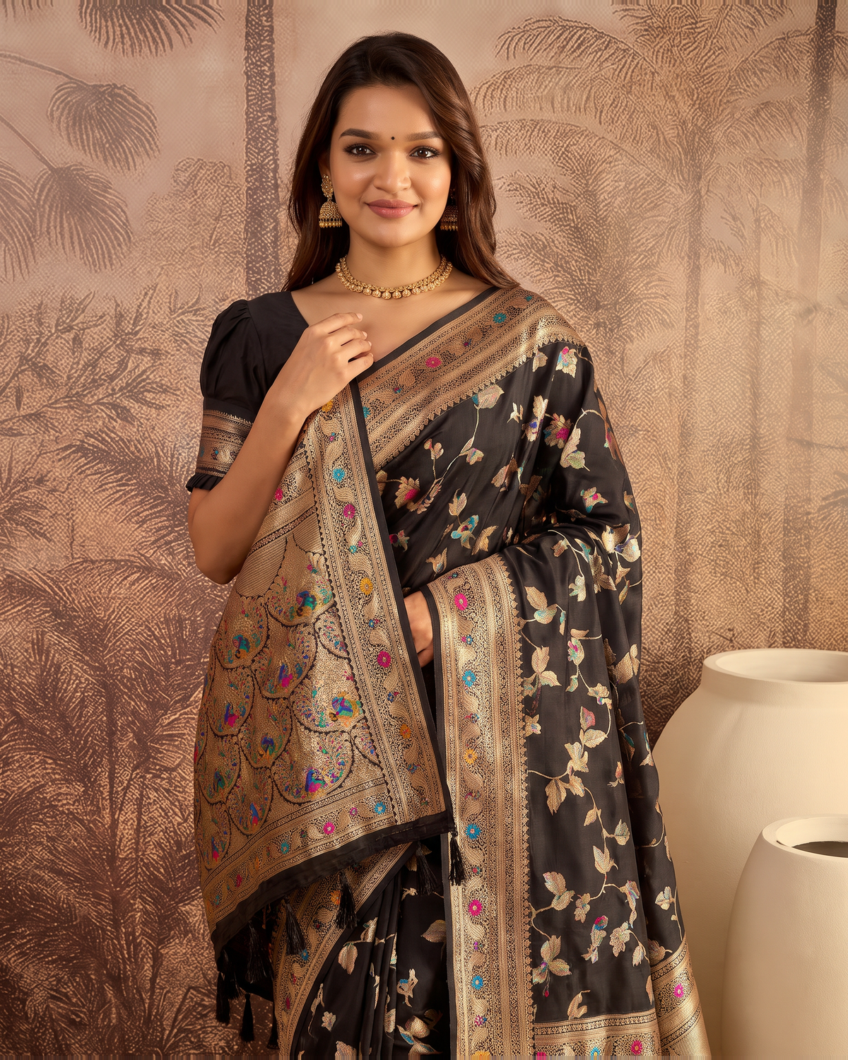 Yamini Floral Spray Zari Silk Saree with Tasselled Pallu - Black - upper closeup