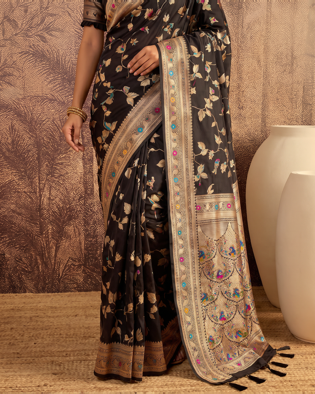 Yamini Floral Spray Zari Silk Saree with Tasselled Pallu - Black - lower closeup
