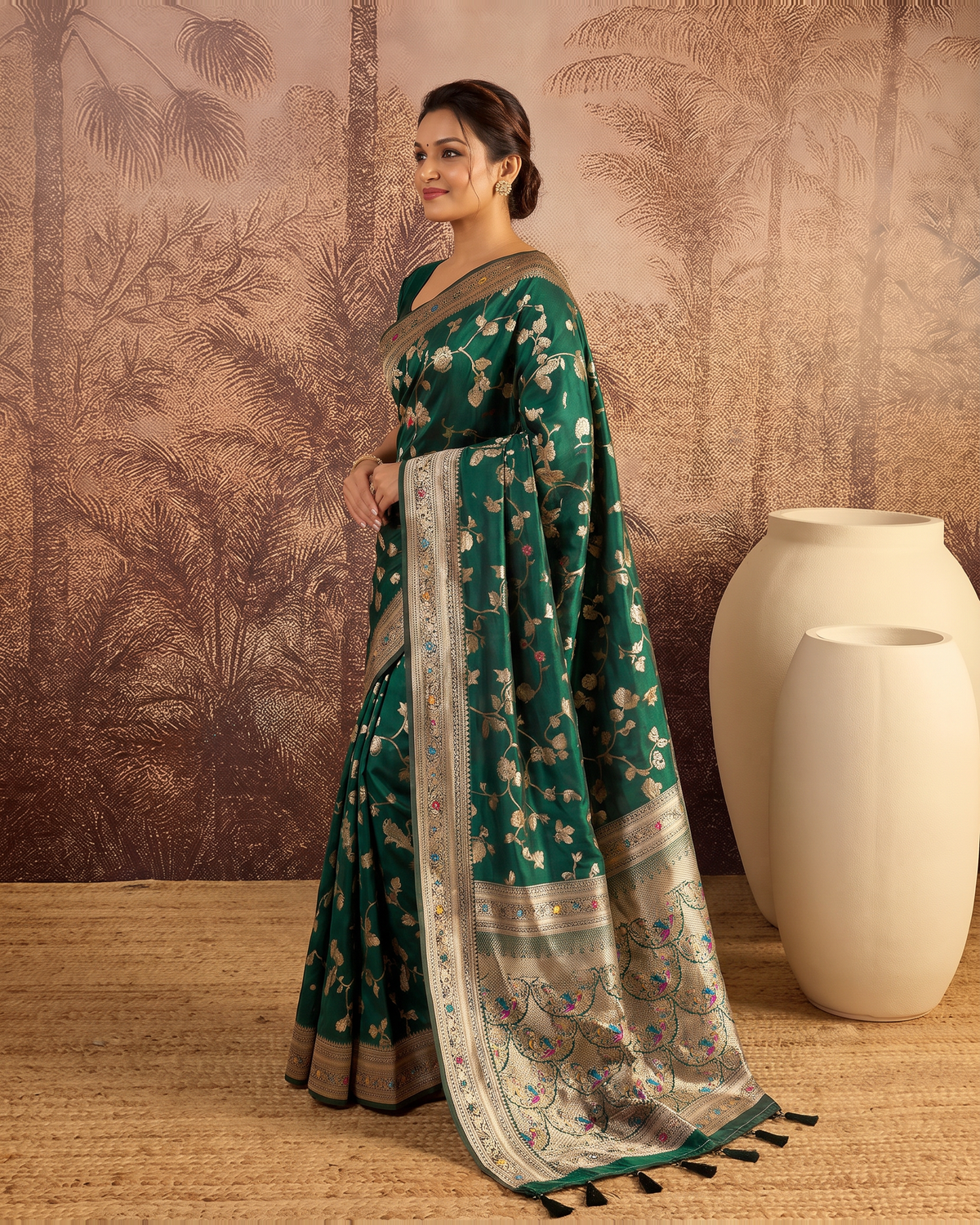 Yamini Floral Spray Zari Silk Saree with Tasselled Pallu - Green - side