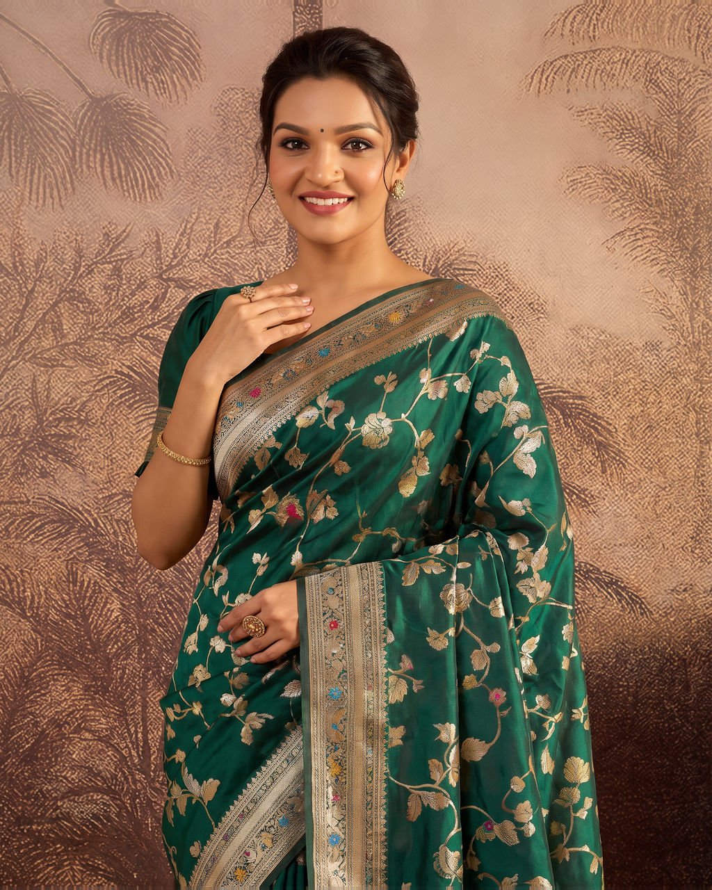 Yamini Floral Spray Zari Silk Saree with Tasselled Pallu - Green - upper closeup