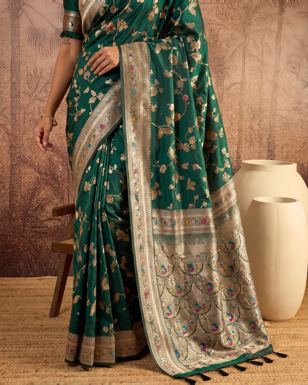 Yamini Floral Spray Zari Silk Saree with Tasselled Pallu - Green - lower closeup