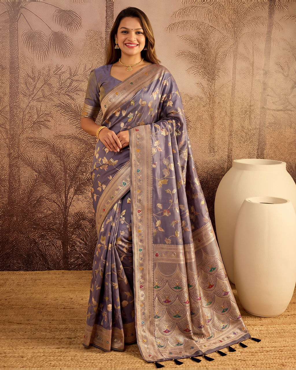 Yamini Floral Spray Zari Silk Saree with Tasselled Pallu - Grey - full saree hero