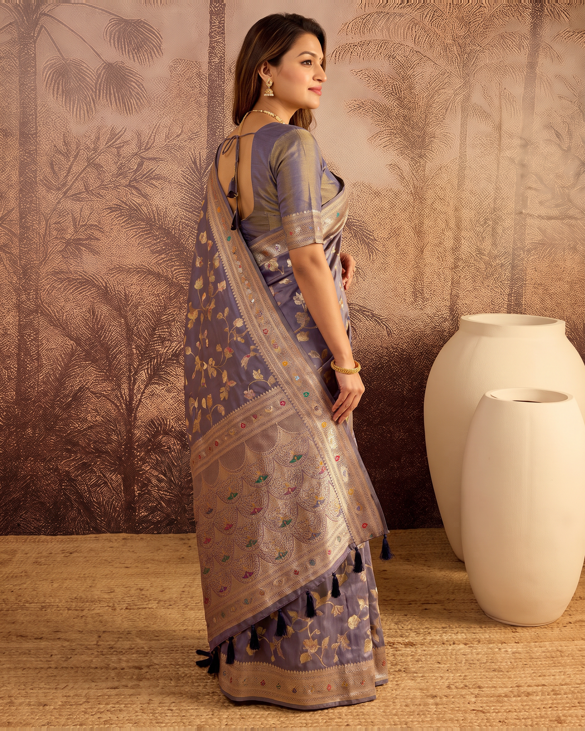 Yamini Floral Spray Zari Silk Saree with Tasselled Pallu - Grey - side