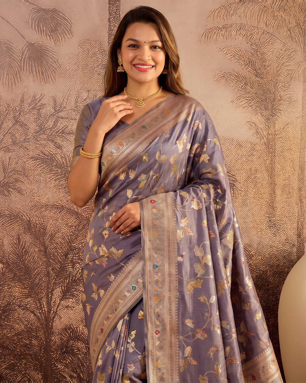 Yamini Floral Spray Zari Silk Saree with Tasselled Pallu - Grey - upper closeup
