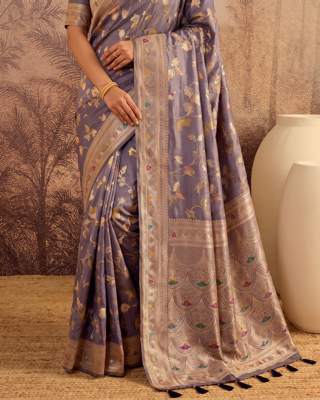 Yamini Floral Spray Zari Silk Saree with Tasselled Pallu - Grey - lower closeup