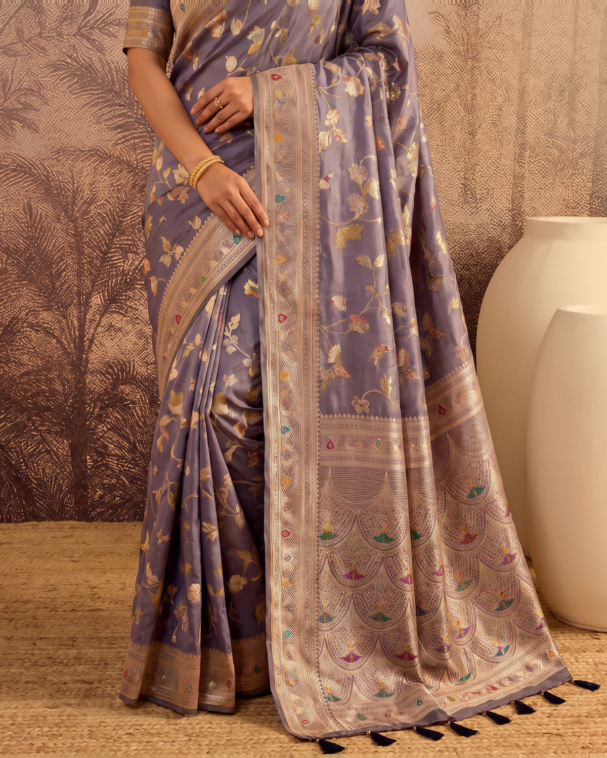 Yamini Floral Spray Zari Silk Saree with Tasselled Pallu - Grey - lower closeup