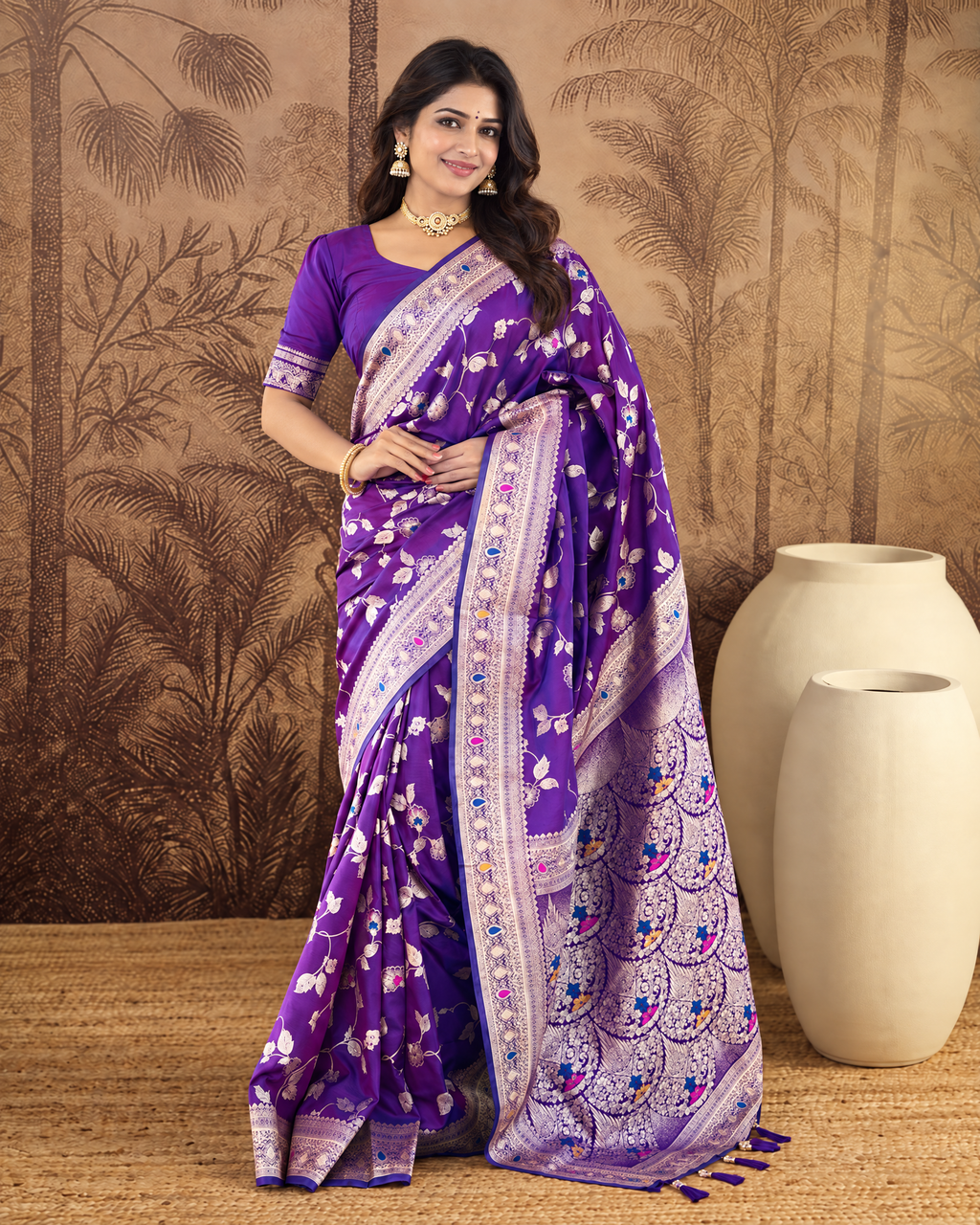 Yamini Floral Spray Zari Silk Saree with Tasselled Pallu - Purple - full saree hero
