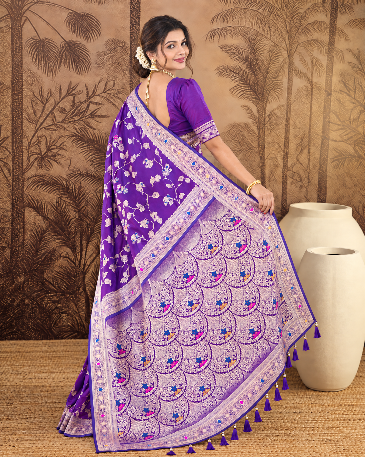 Yamini Floral Spray Zari Silk Saree with Tasselled Pallu - Purple - side