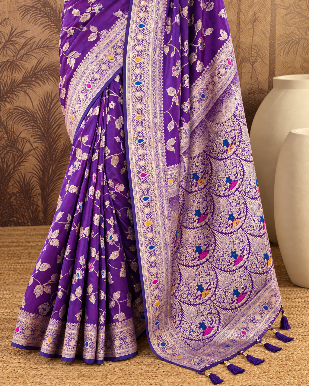 Yamini Floral Spray Zari Silk Saree with Tasselled Pallu - Purple - lower closeup