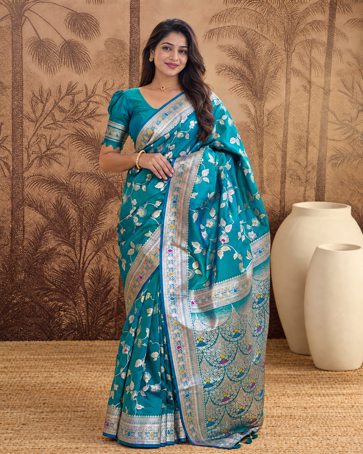 Yamini Floral Spray Zari Silk Saree with Tasselled Pallu - Rama - full saree hero