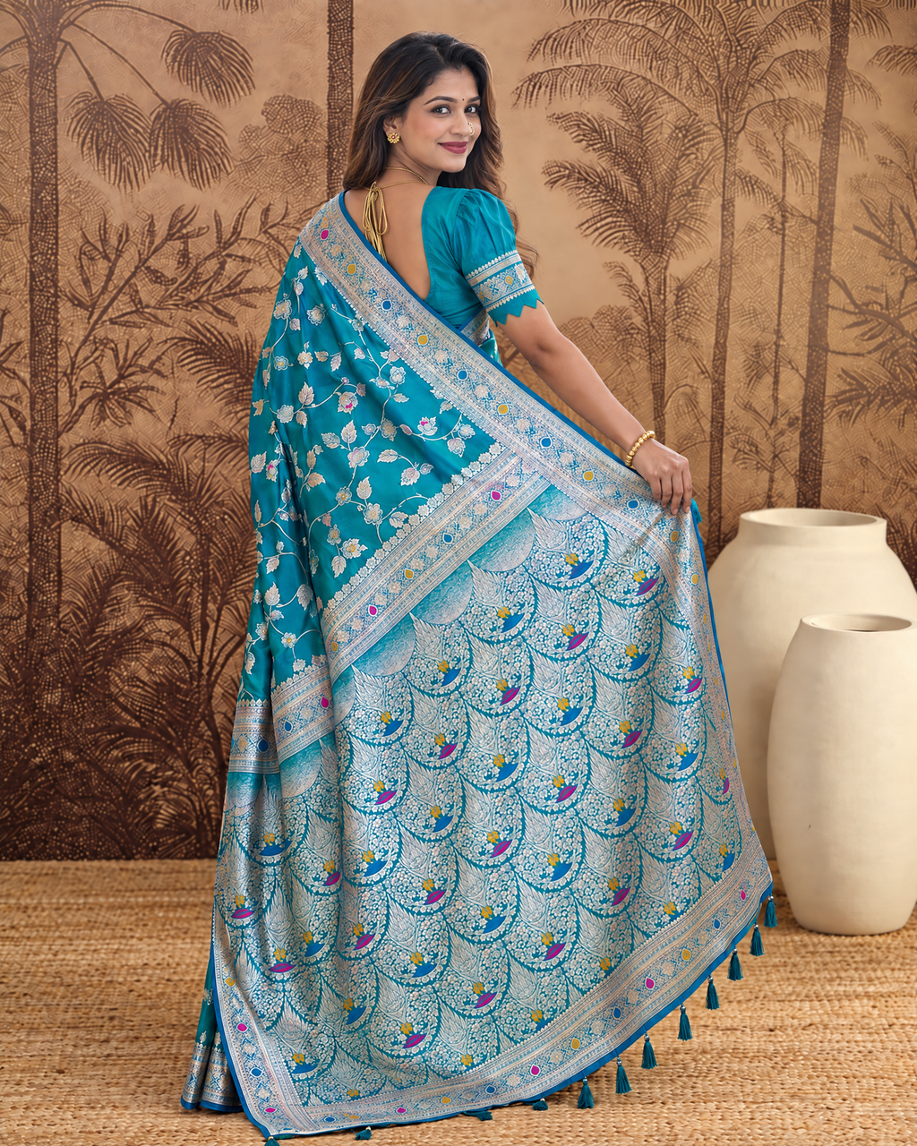 Yamini Floral Spray Zari Silk Saree with Tasselled Pallu - Rama - side