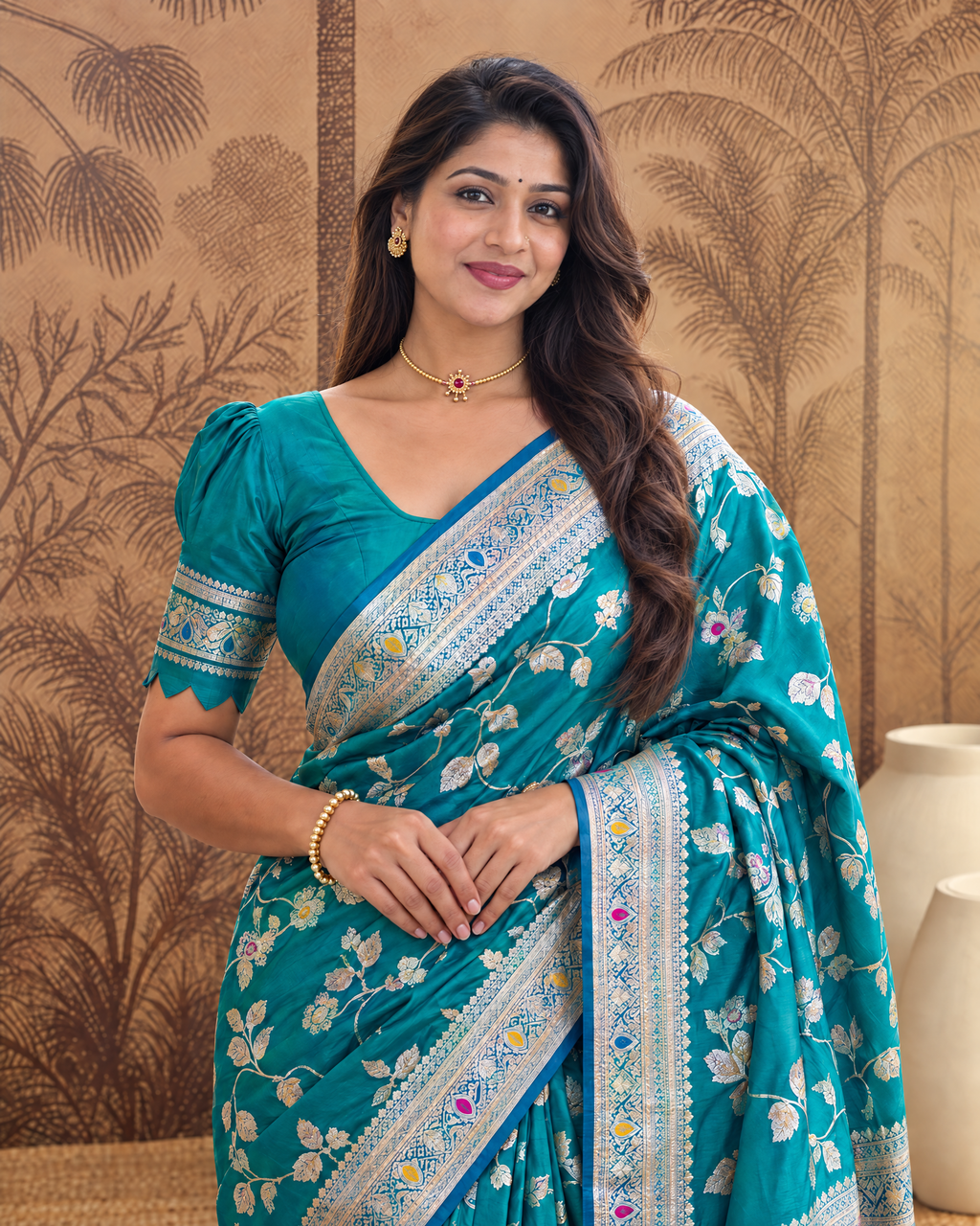 Yamini Floral Spray Zari Silk Saree with Tasselled Pallu - Rama - upper closeup