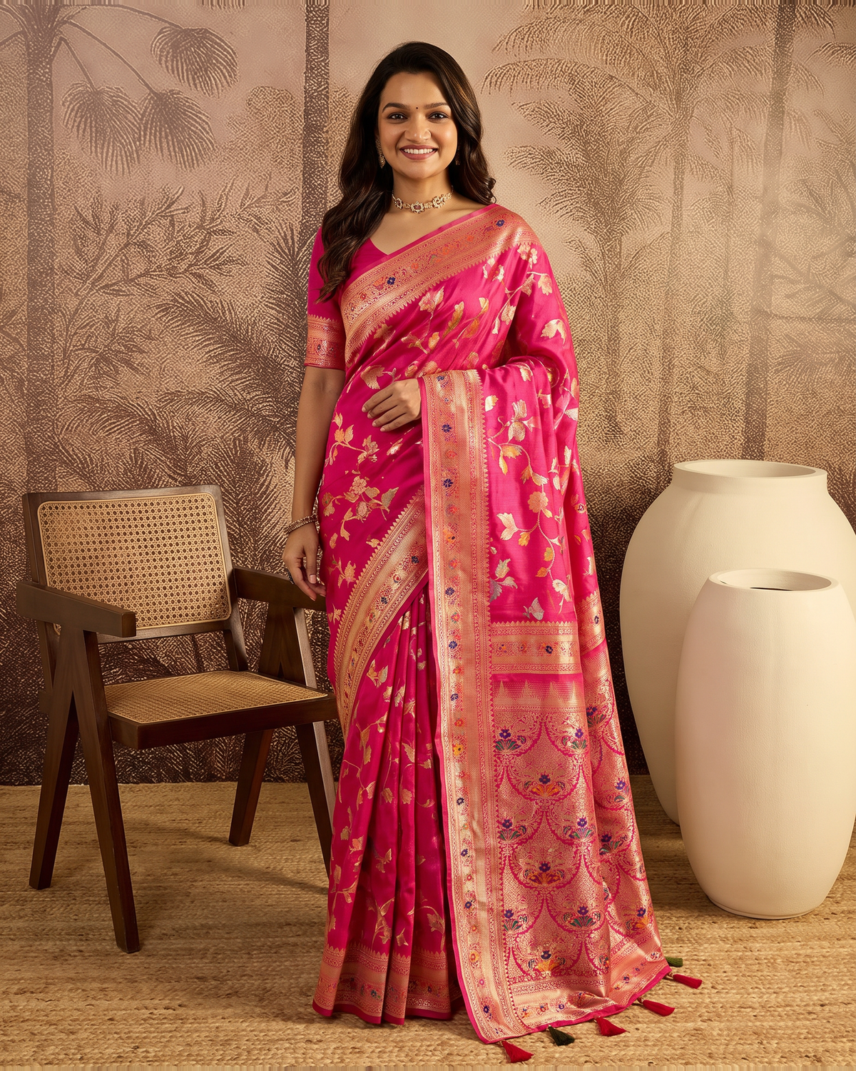 Yamini Floral Spray Zari Silk Saree with Tasselled Pallu - Rani - full saree hero