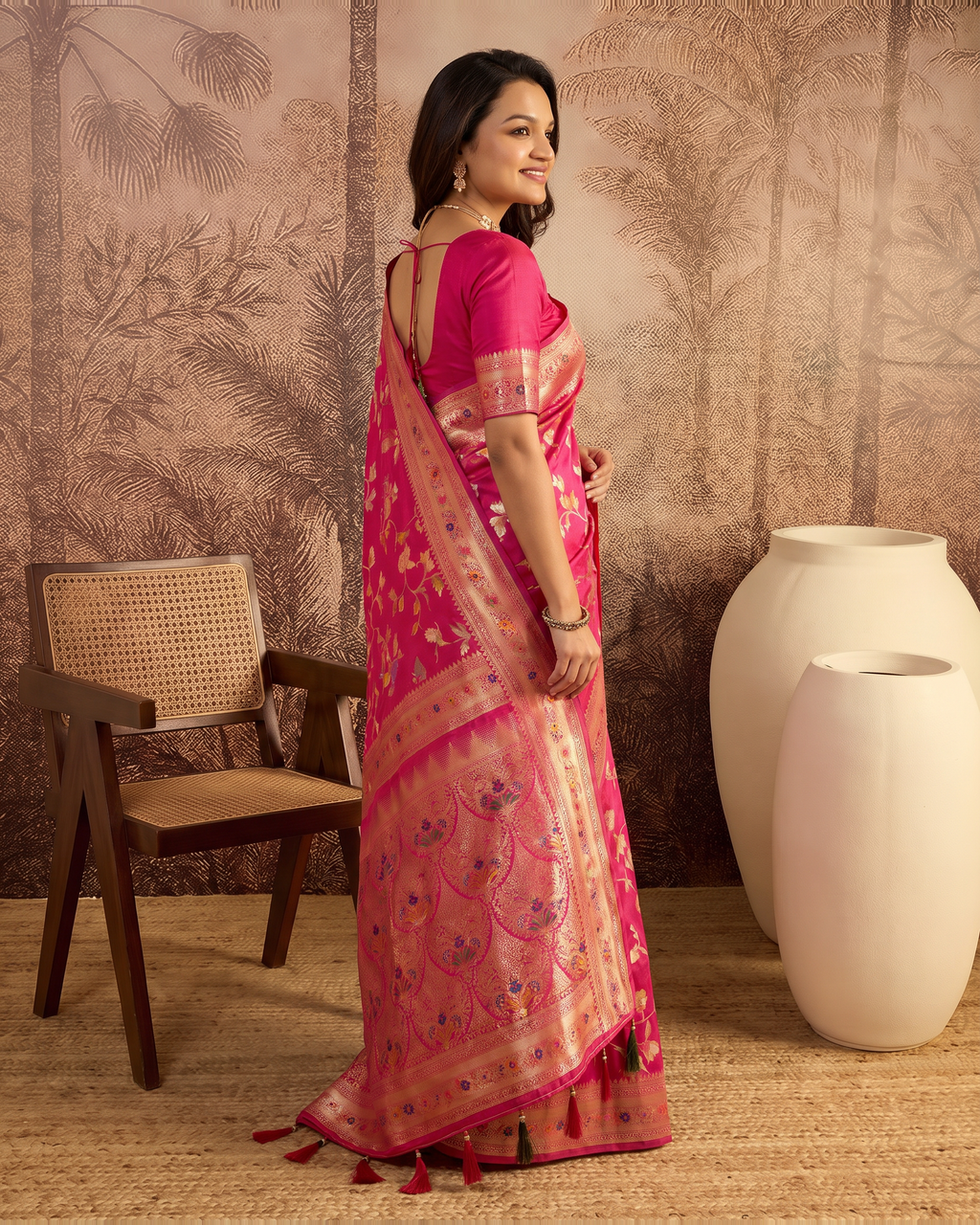 Yamini Floral Spray Zari Silk Saree with Tasselled Pallu - Rani - side