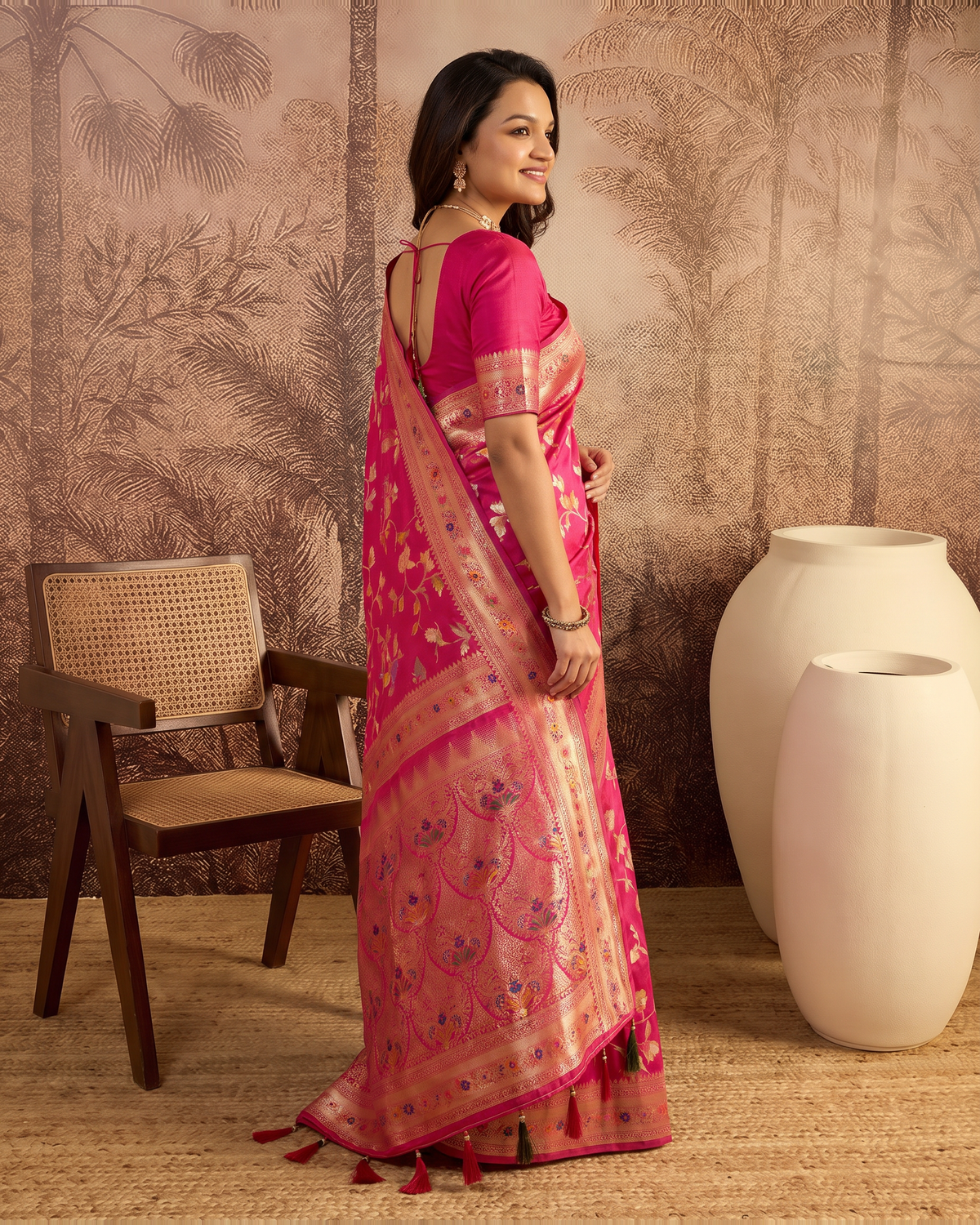 Yamini Floral Spray Zari Silk Saree with Tasselled Pallu - Rani - side