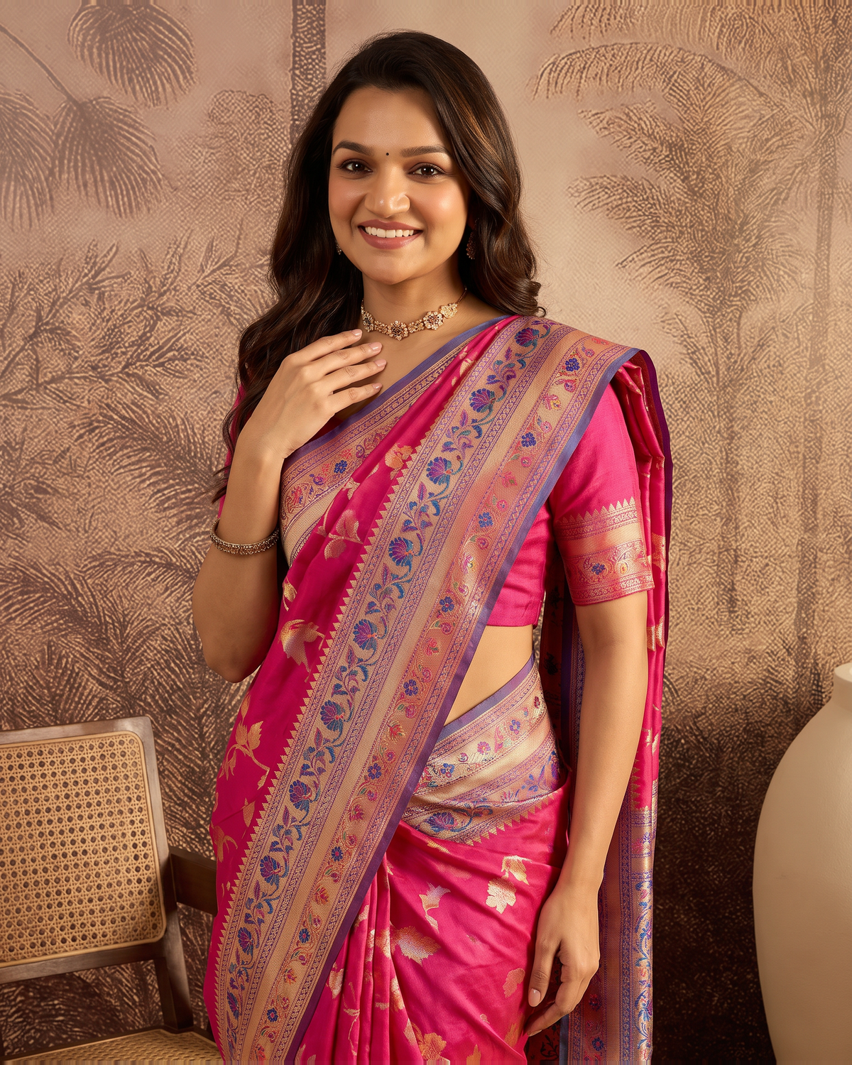 Yamini Floral Spray Zari Silk Saree with Tasselled Pallu - Rani - upper closeup