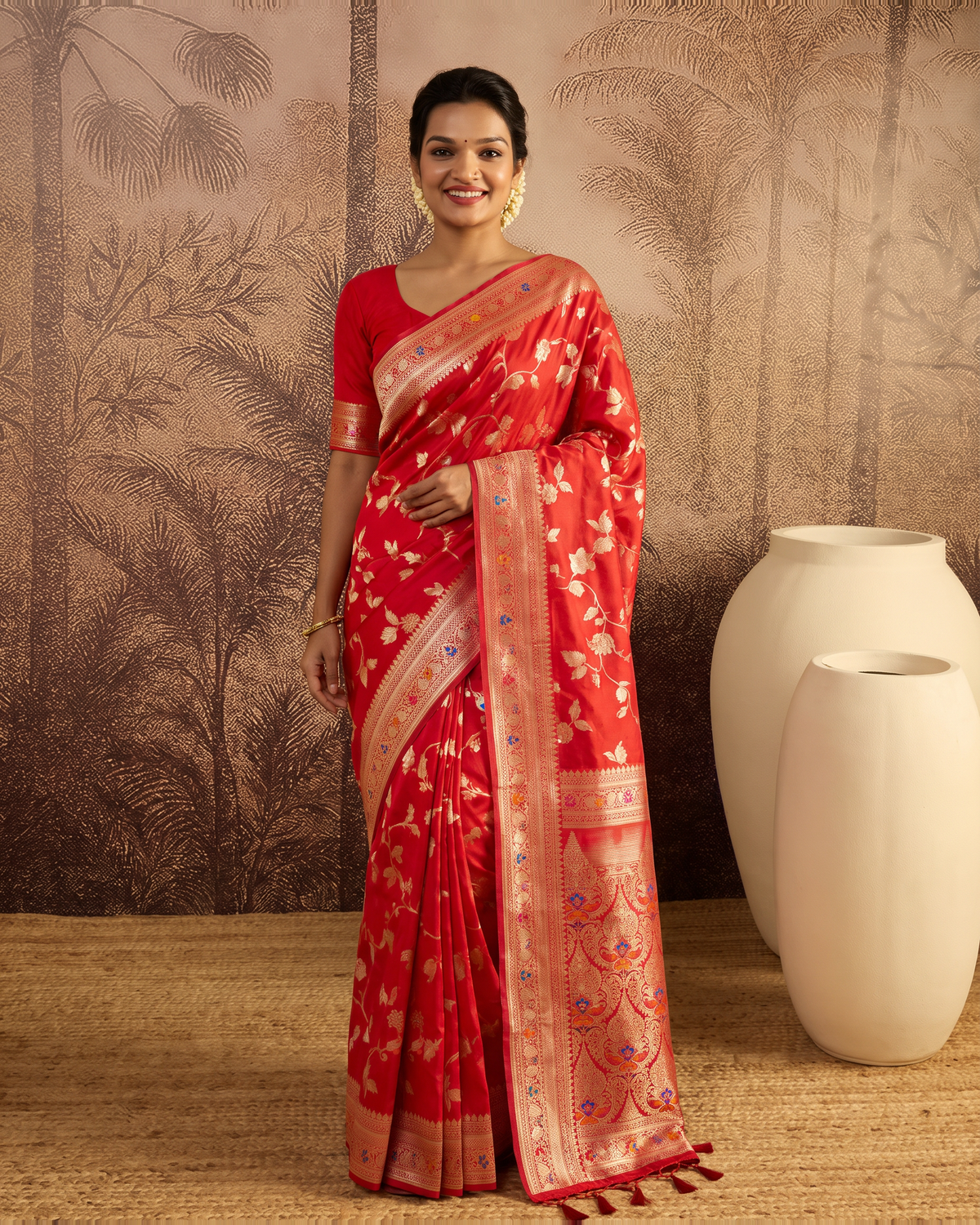 Yamini Floral Spray Zari Silk Saree with Tasselled Pallu - Red - full saree hero
