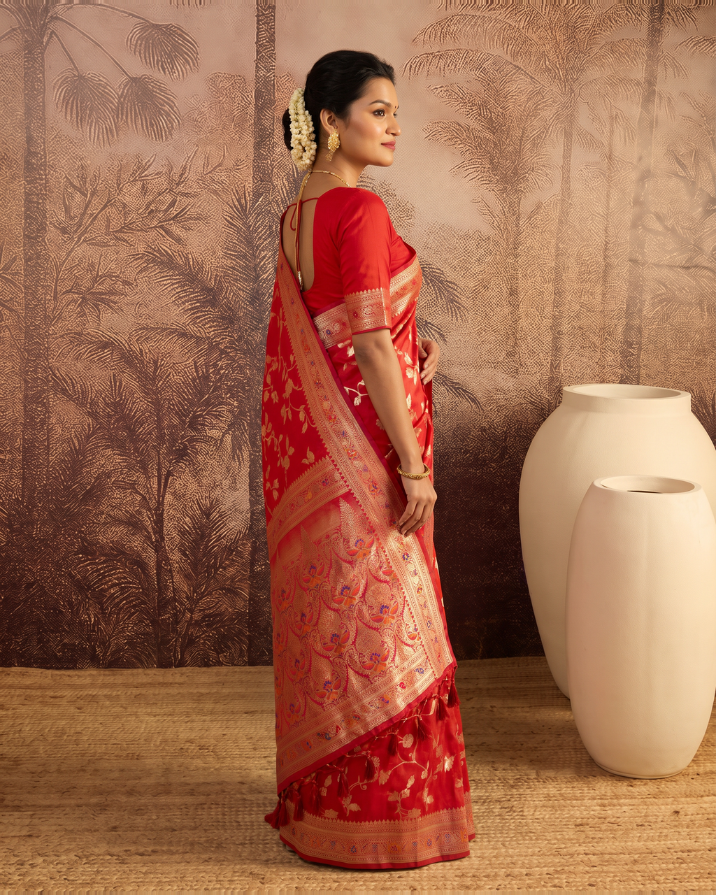 Yamini Floral Spray Zari Silk Saree with Tasselled Pallu - Red - side