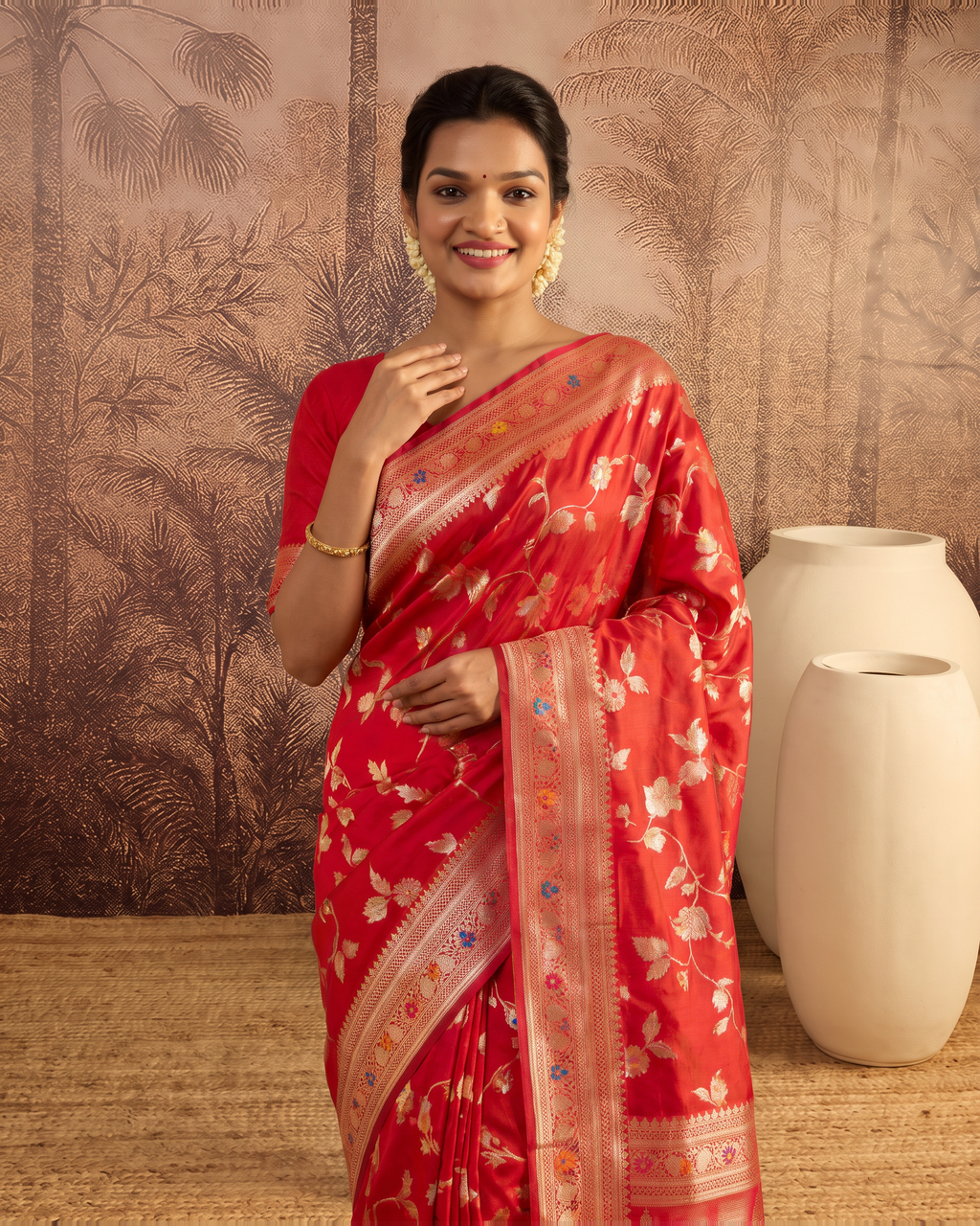 Yamini Floral Spray Zari Silk Saree with Tasselled Pallu - Red - upper closeup