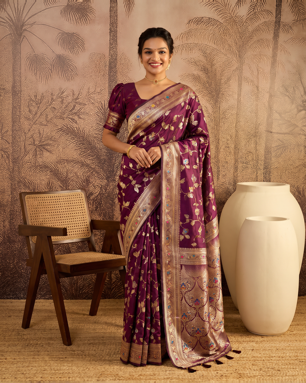 Yamini Floral Spray Zari Silk Saree with Tasselled Pallu - Wine - full saree hero