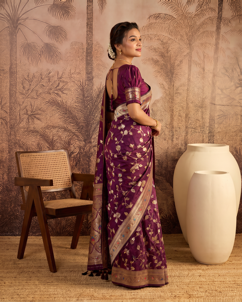 Yamini Floral Spray Zari Silk Saree with Tasselled Pallu - Wine - side
