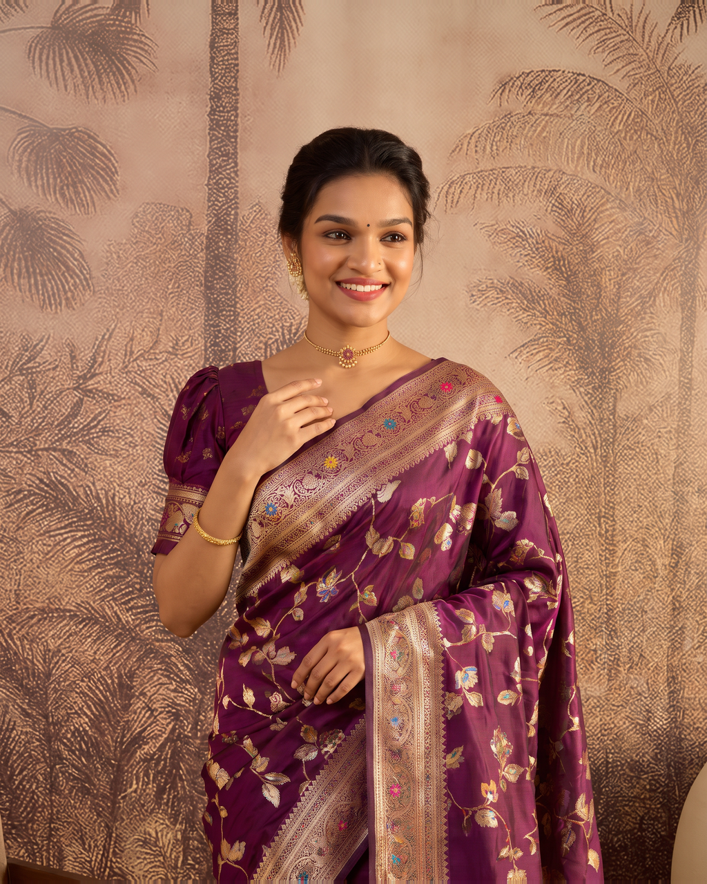 Yamini Floral Spray Zari Silk Saree with Tasselled Pallu - Wine - upper closeup