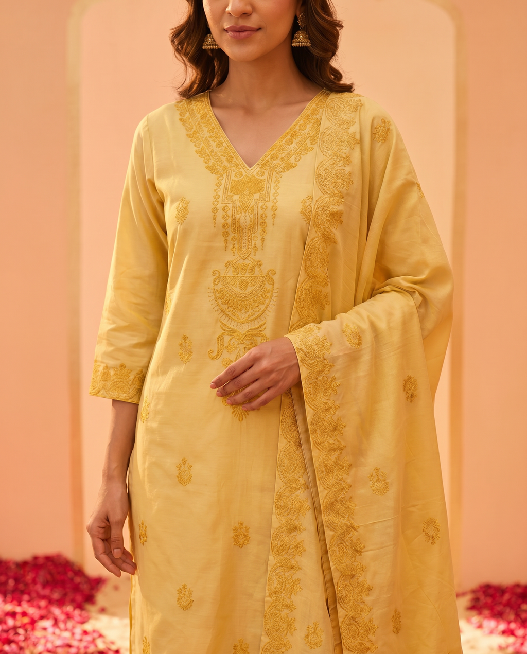 Yellow Embroidered Salwar Suit Set - closeup
