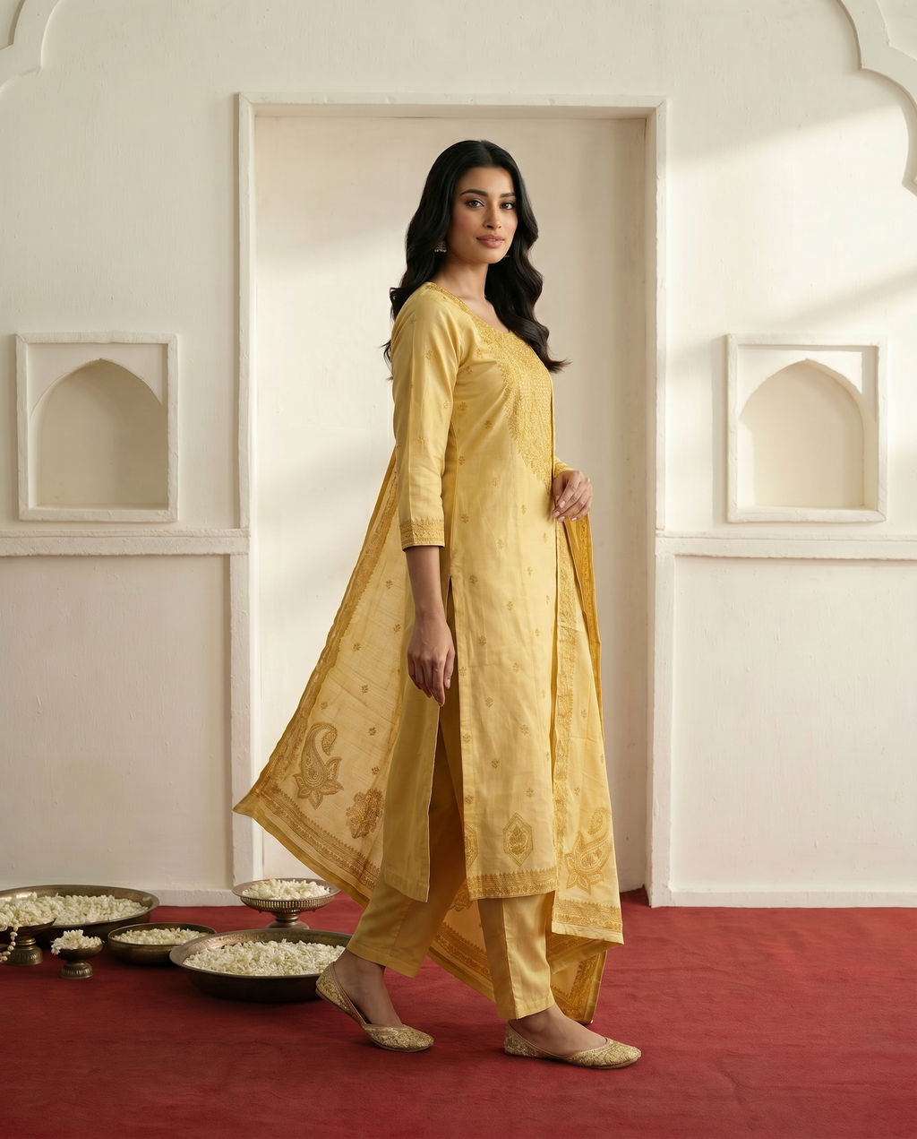 Yellow Gold Embroidered Salwar Suit Set - side