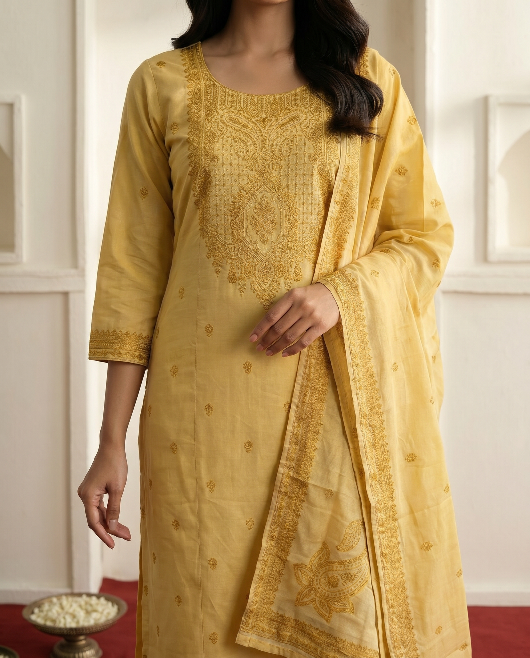 Yellow Gold Embroidered Salwar Suit Set - closeup