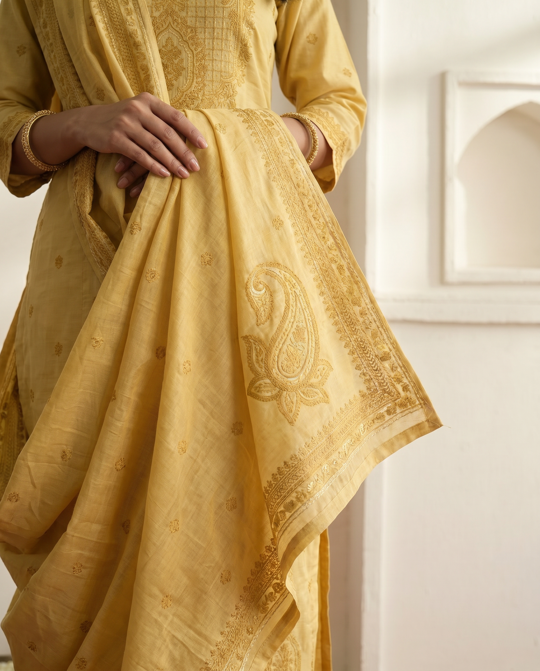 Yellow Gold Embroidered Salwar Suit Set - dupatta