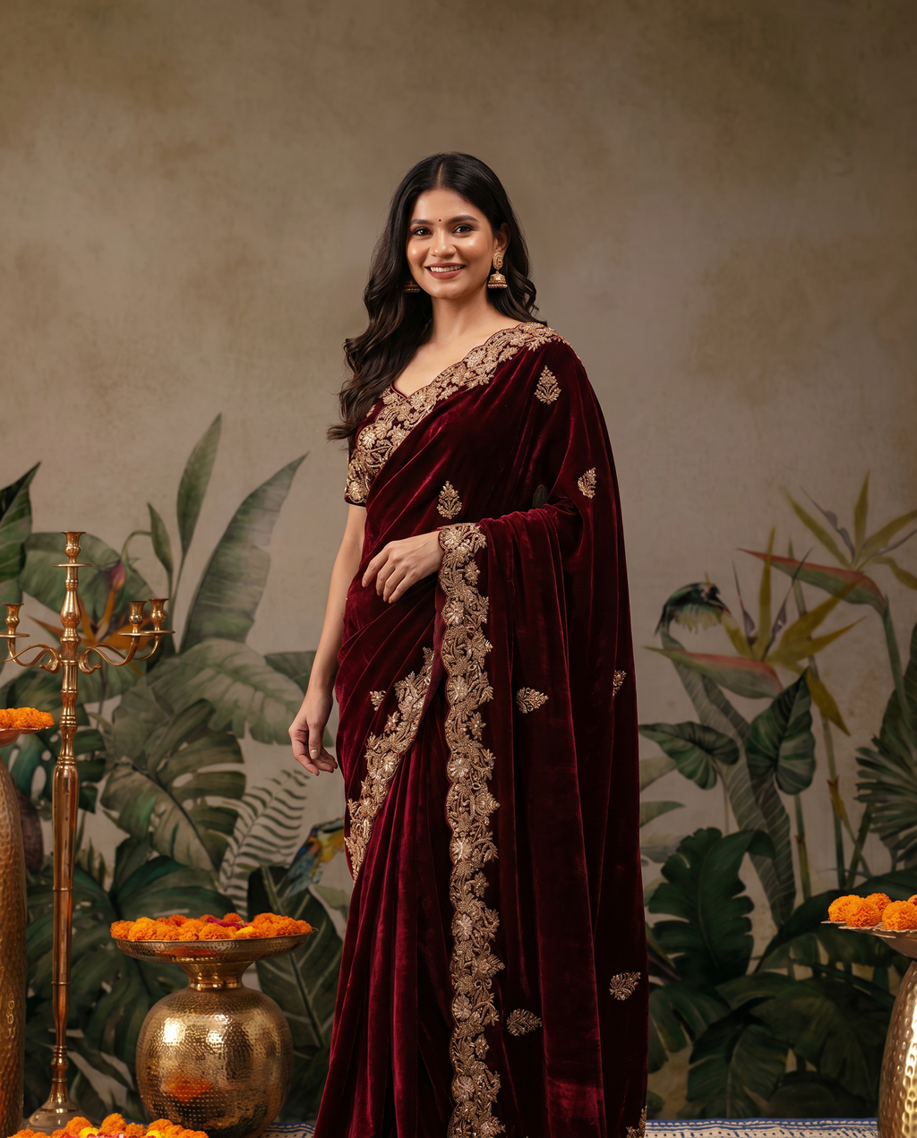Zehra Maroon Velvet Designer Winter Saree - output 0 - 02 hero