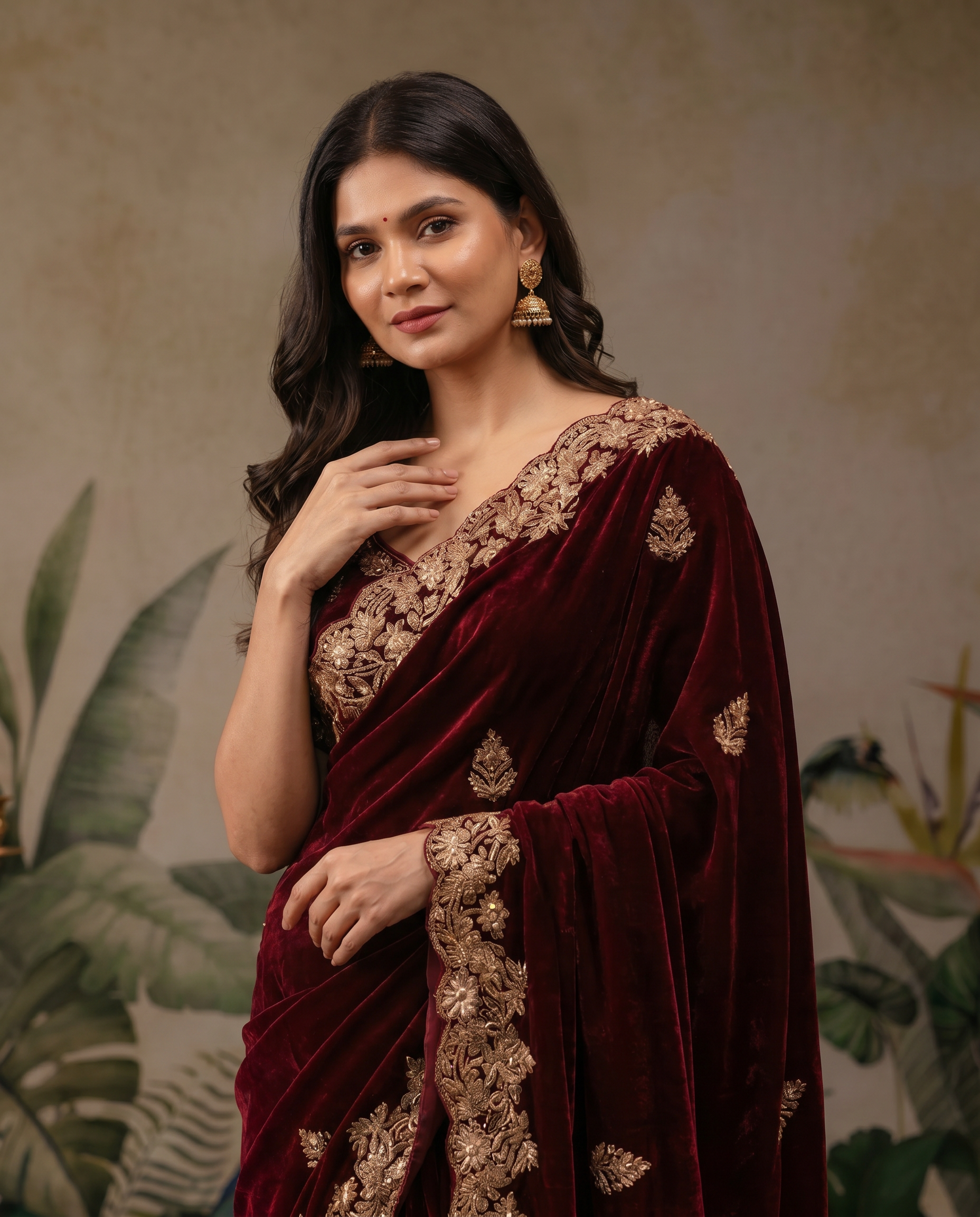 Zehra Maroon Velvet Designer Winter Saree - output 0 - 04 upper closeup