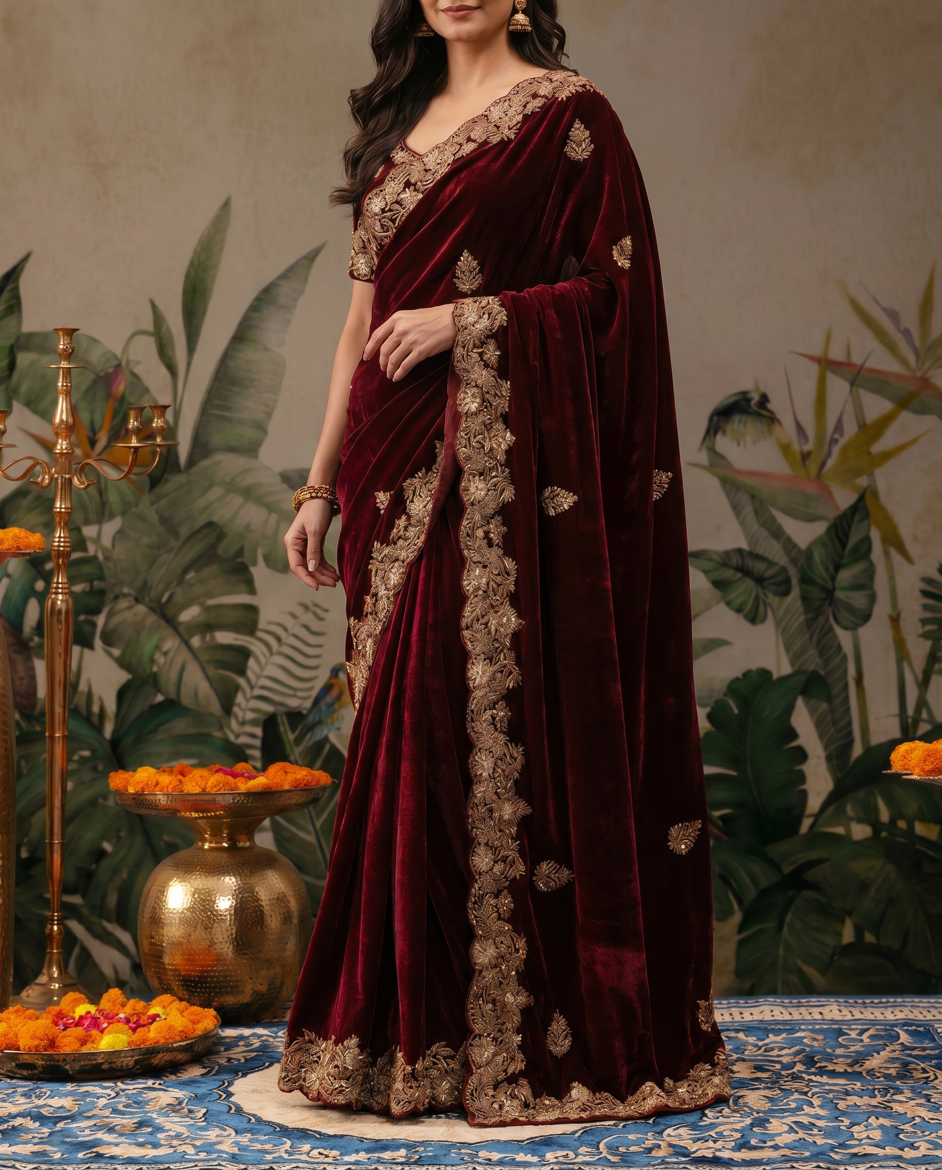 Zehra Maroon Velvet Designer Winter Saree - output 0 - 05 lower closeup