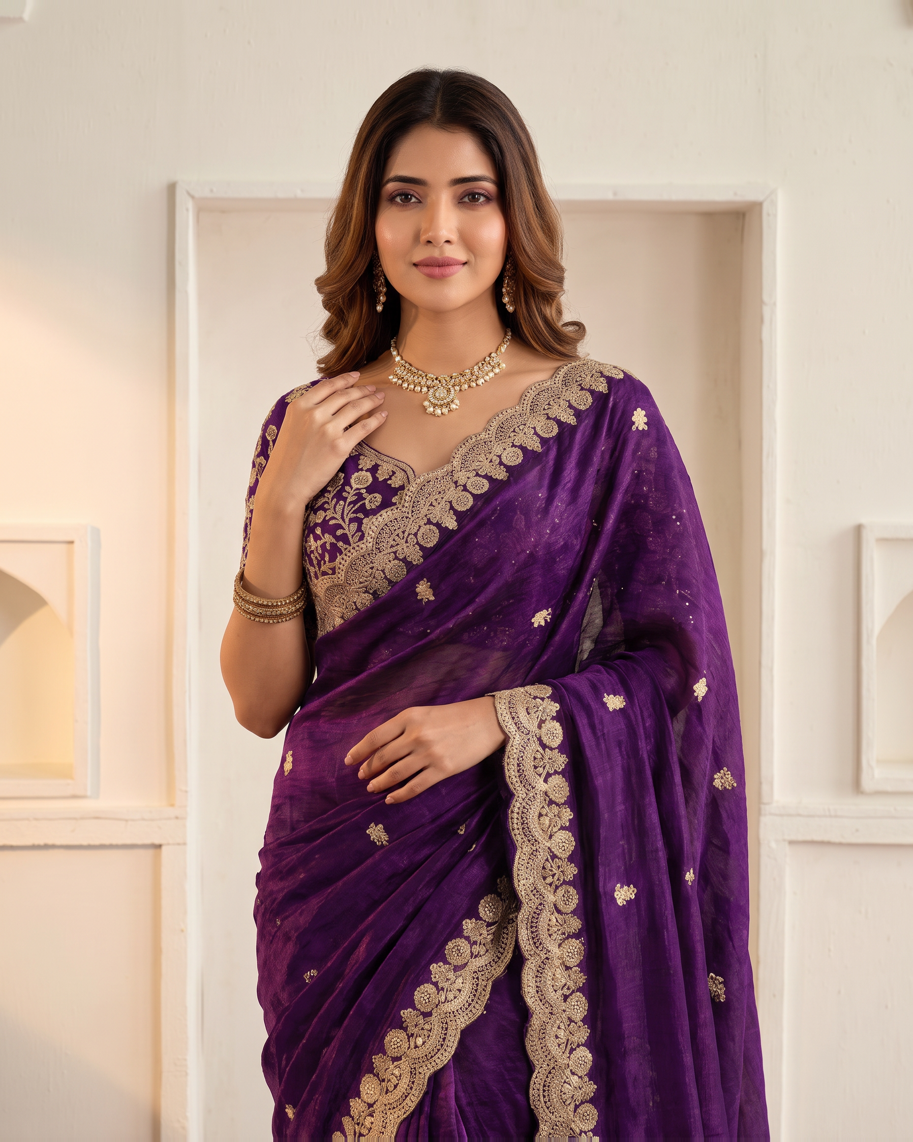 Ziva Sequins Festive Saree with Shimmer Embroidery - Purple - upper closeup