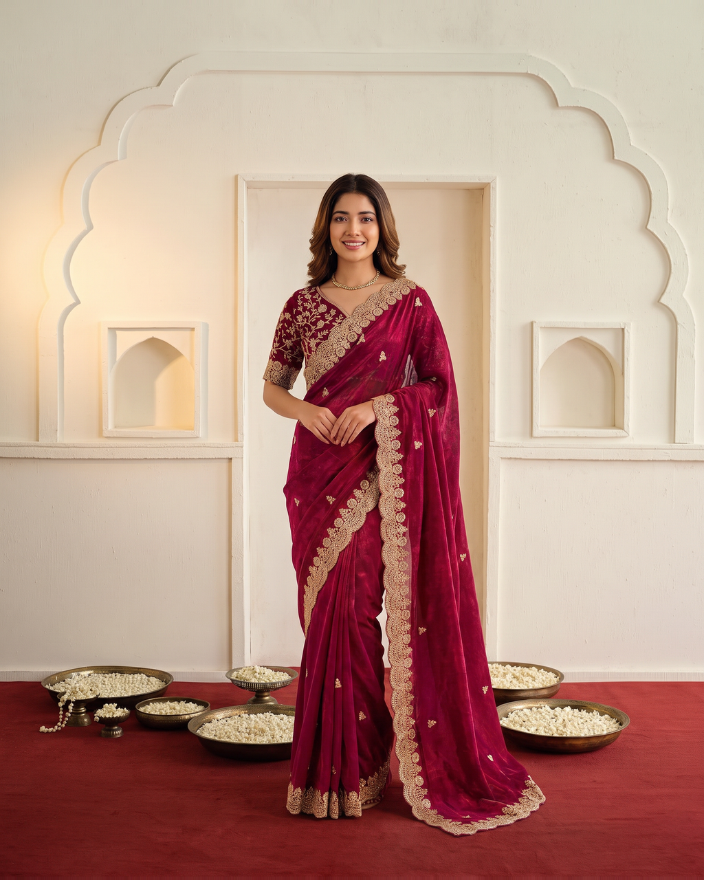 Ziva Sequins Festive Saree with Shimmer Embroidery - Red - full saree hero