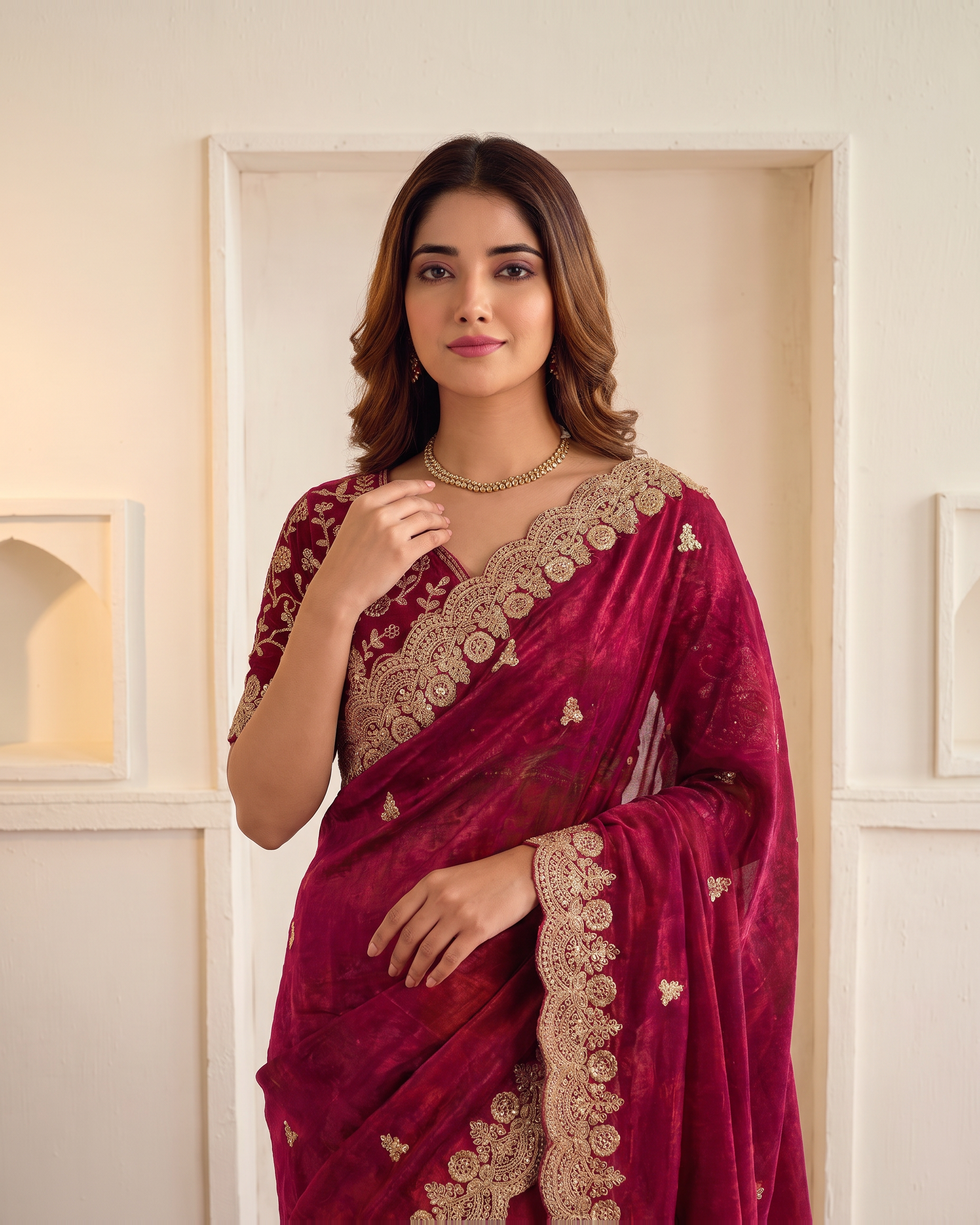 Ziva Sequins Festive Saree with Shimmer Embroidery - Red - upper closeup