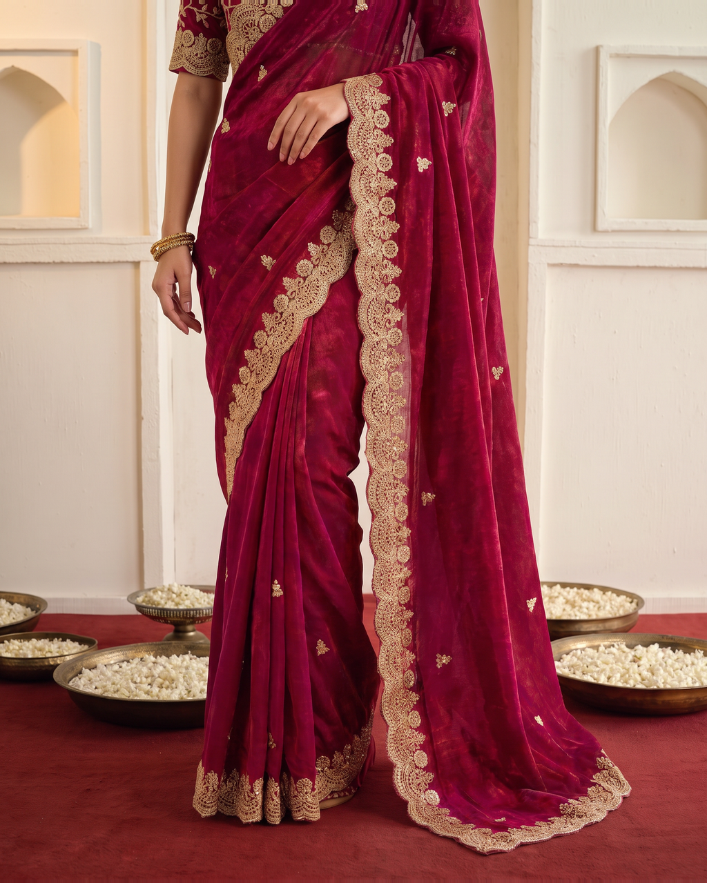 Ziva Sequins Festive Saree with Shimmer Embroidery - Red - lower closeup