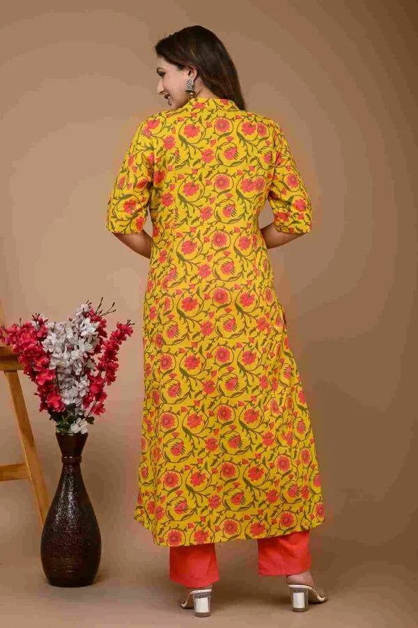 Women`s Yellow Kurta Pant Set Cotton Printed - Image 5