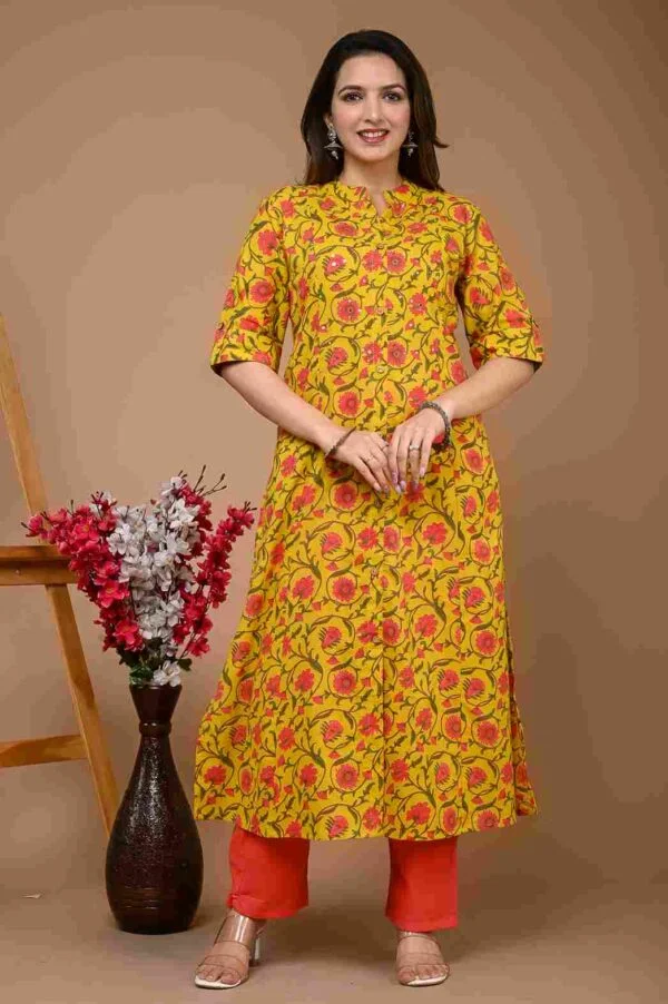 Women`s Yellow Kurta Pant Set Cotton Printed