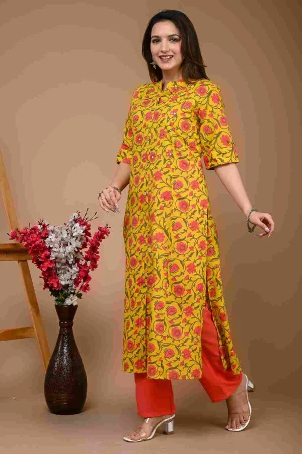 Women`s Yellow Kurta Pant Set Cotton Printed - Image 2