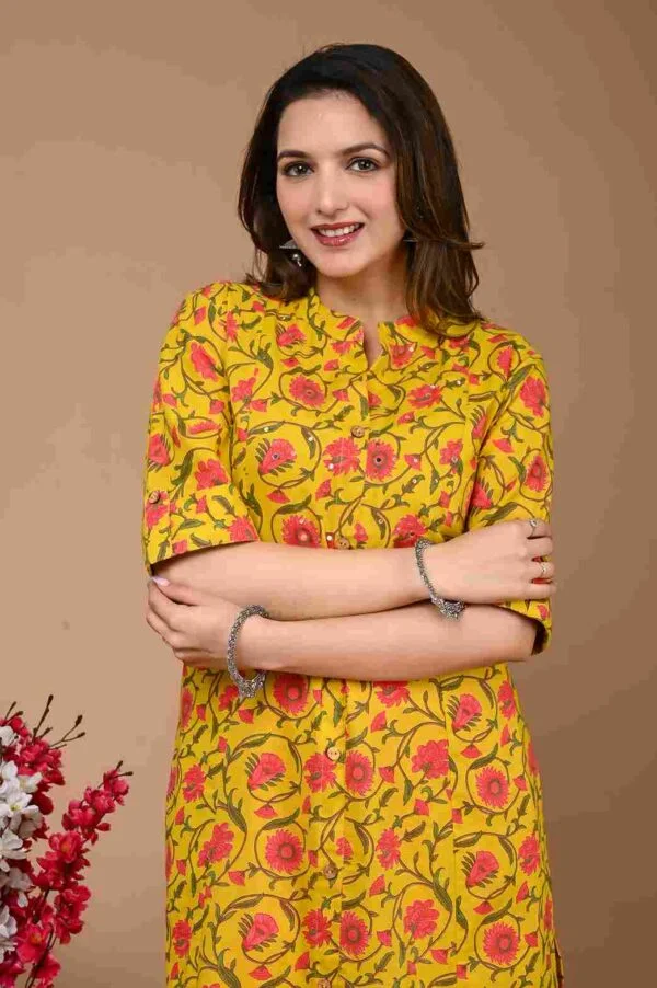 Women`s Yellow Kurta Pant Set Cotton Printed - Image 3