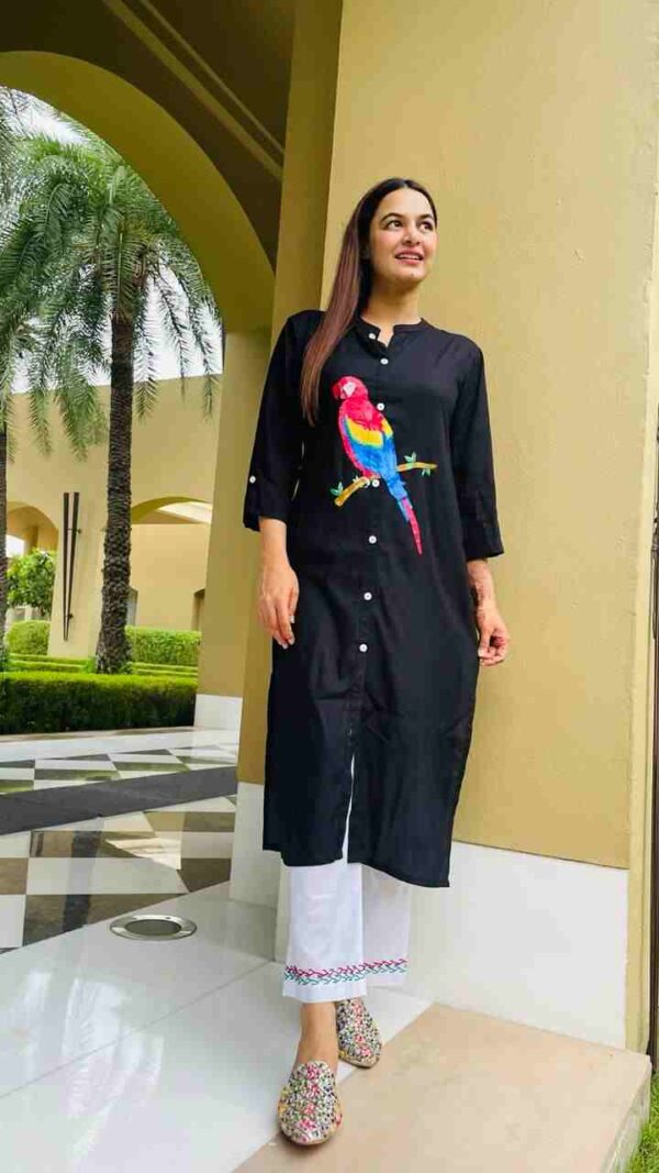 Women`s Black White Kurti Pant Set - Image 2