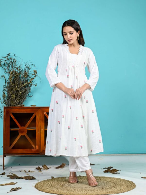 White ( Pink ) Boota Kurta Pant Set